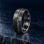 The Midnight black tungsten ring with meteorite inlay, standing view