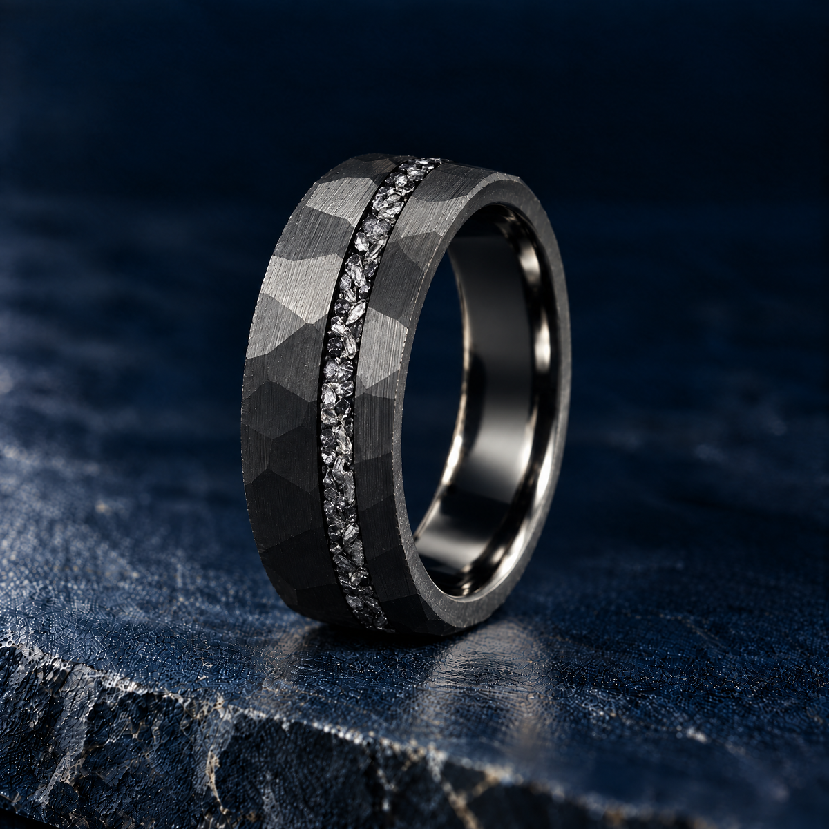 The Midnight black tungsten ring with meteorite inlay, standing view