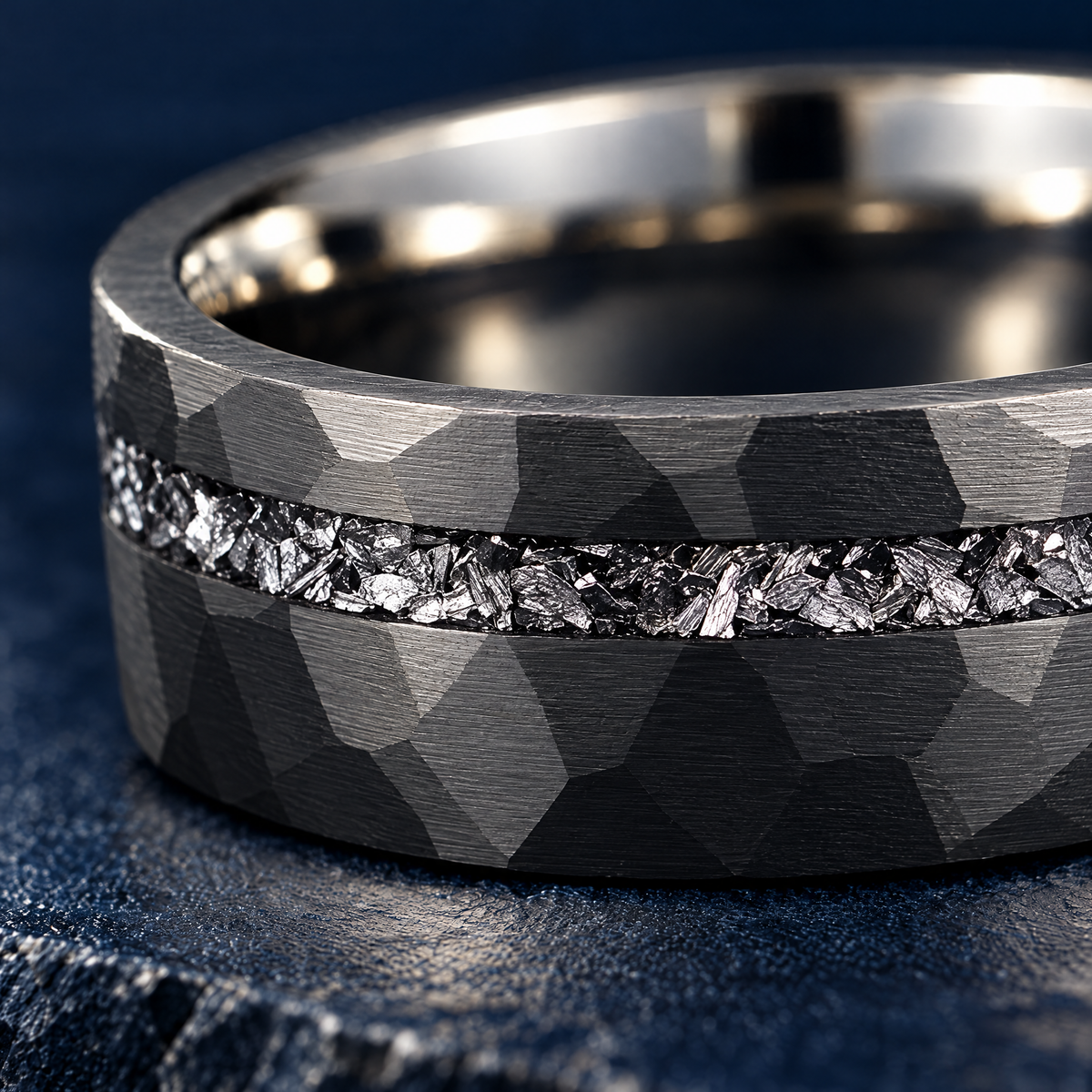The Midnight black tungsten ring, close-up of the meteorite inlay