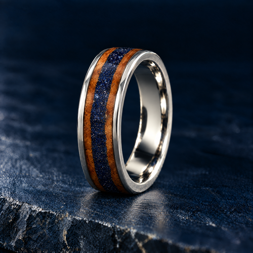The Canyon silver titanium ring with sandstone wood inlay, standing view