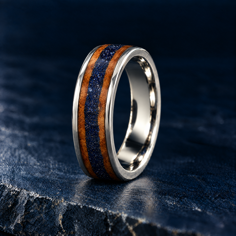 The Canyon silver titanium ring with sandstone wood inlay, standing view