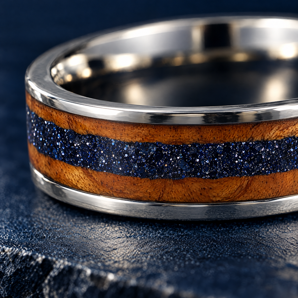 The Canyon silver titanium ring, close-up of the sandstone wood inlay