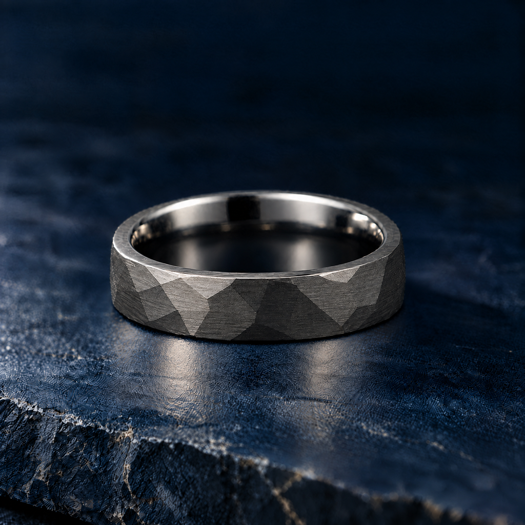 The Blackstone black tungsten ring, flat view, 6mm width