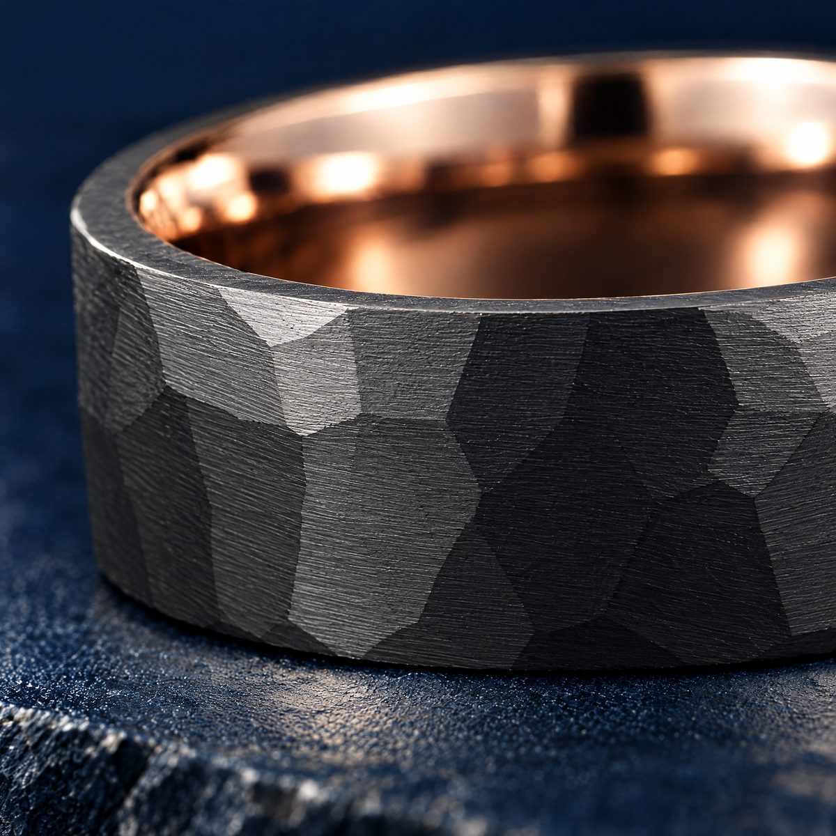 The Blackstone black rose gold tungsten ring, close-up