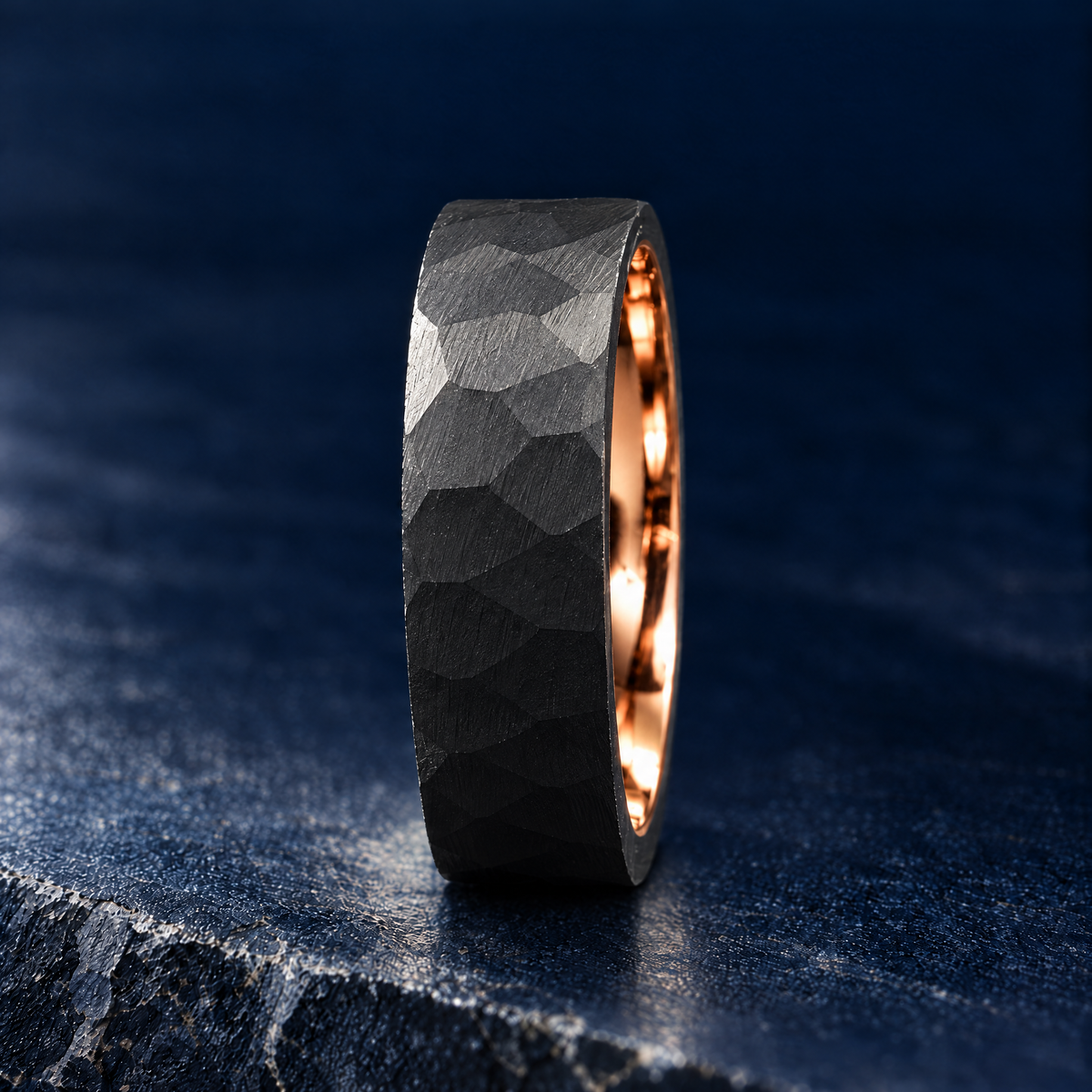 The Blackstone black rose gold tungsten ring, upright side view