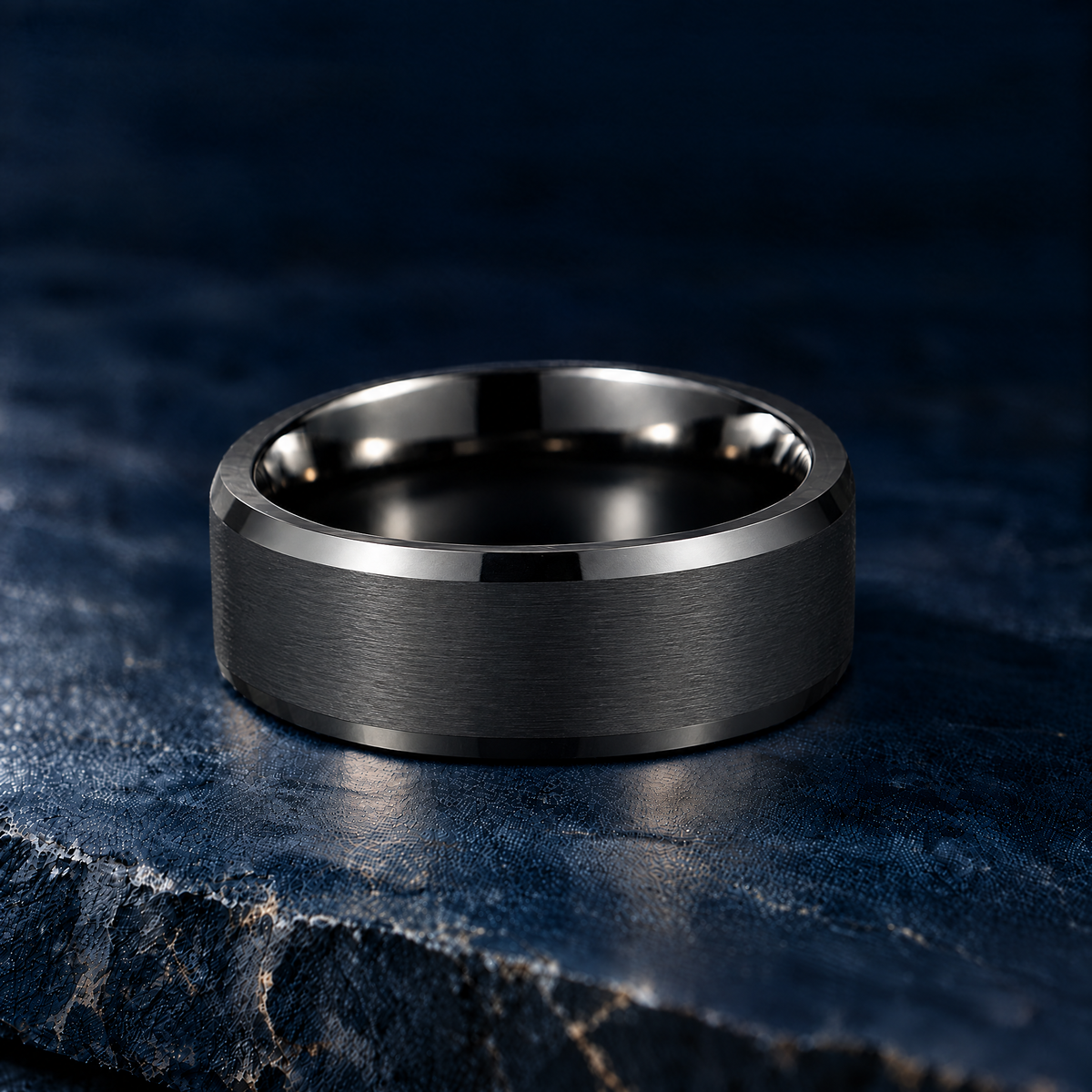 The Keystone black tungsten ring, flat view, 8mm width