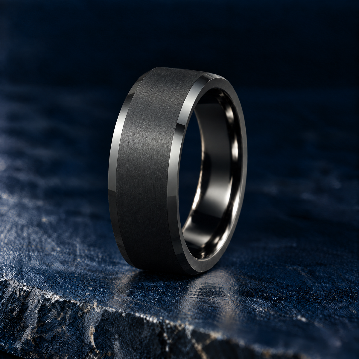 The Keystone black tungsten ring, standing view, 8mm