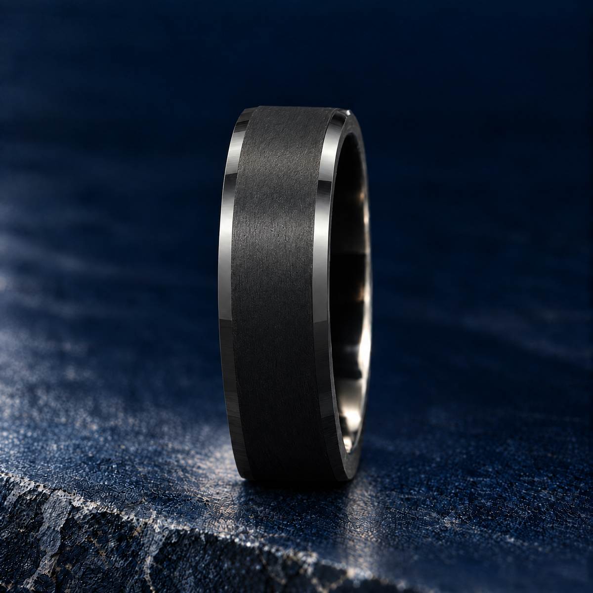 The Keystone black tungsten ring, upright side view