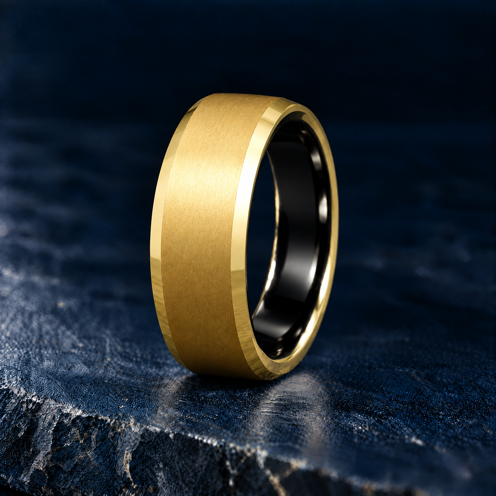 The Keystone gold and black tungsten ring, standing view