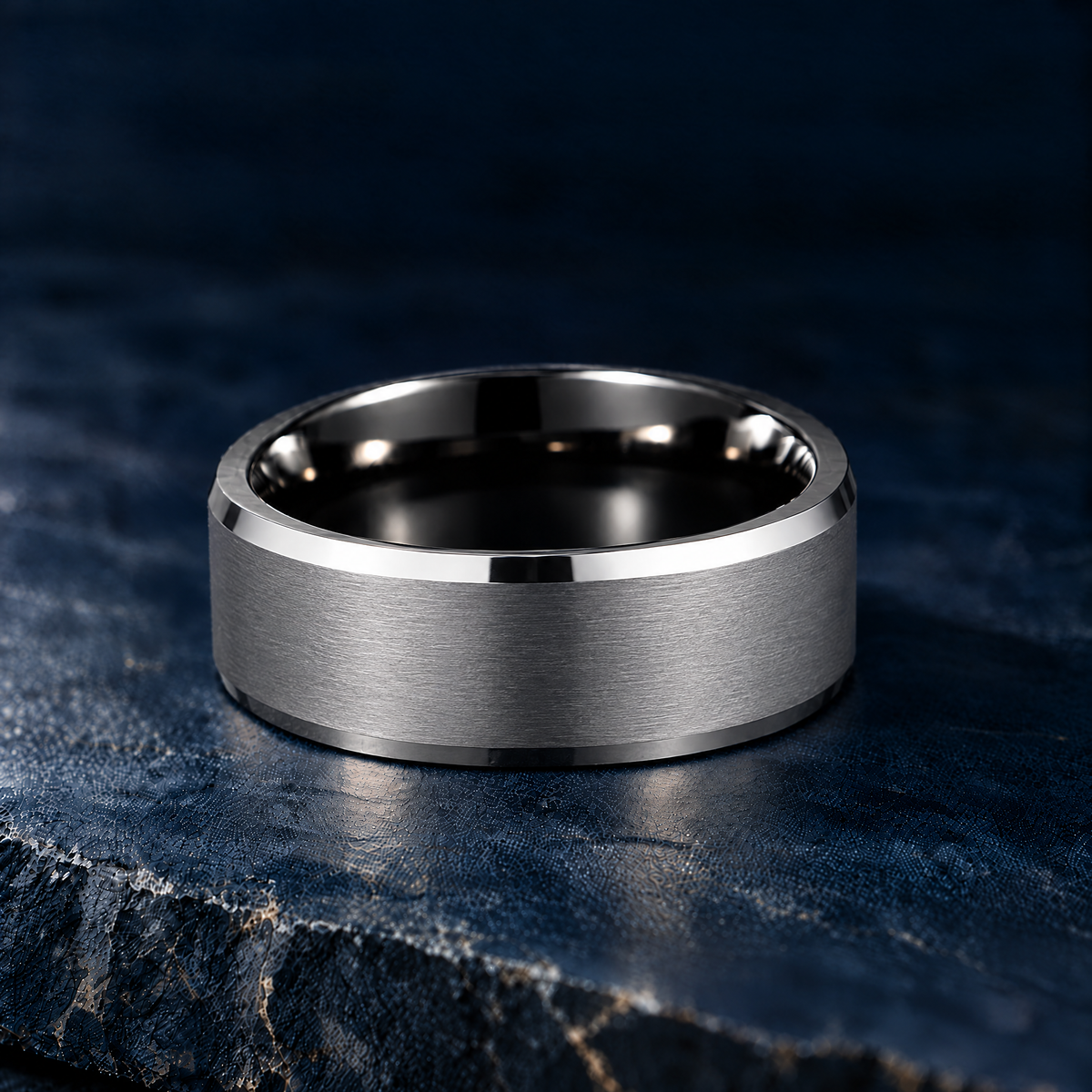 The Keystone silver and black tungsten ring, flat view, 8mm width