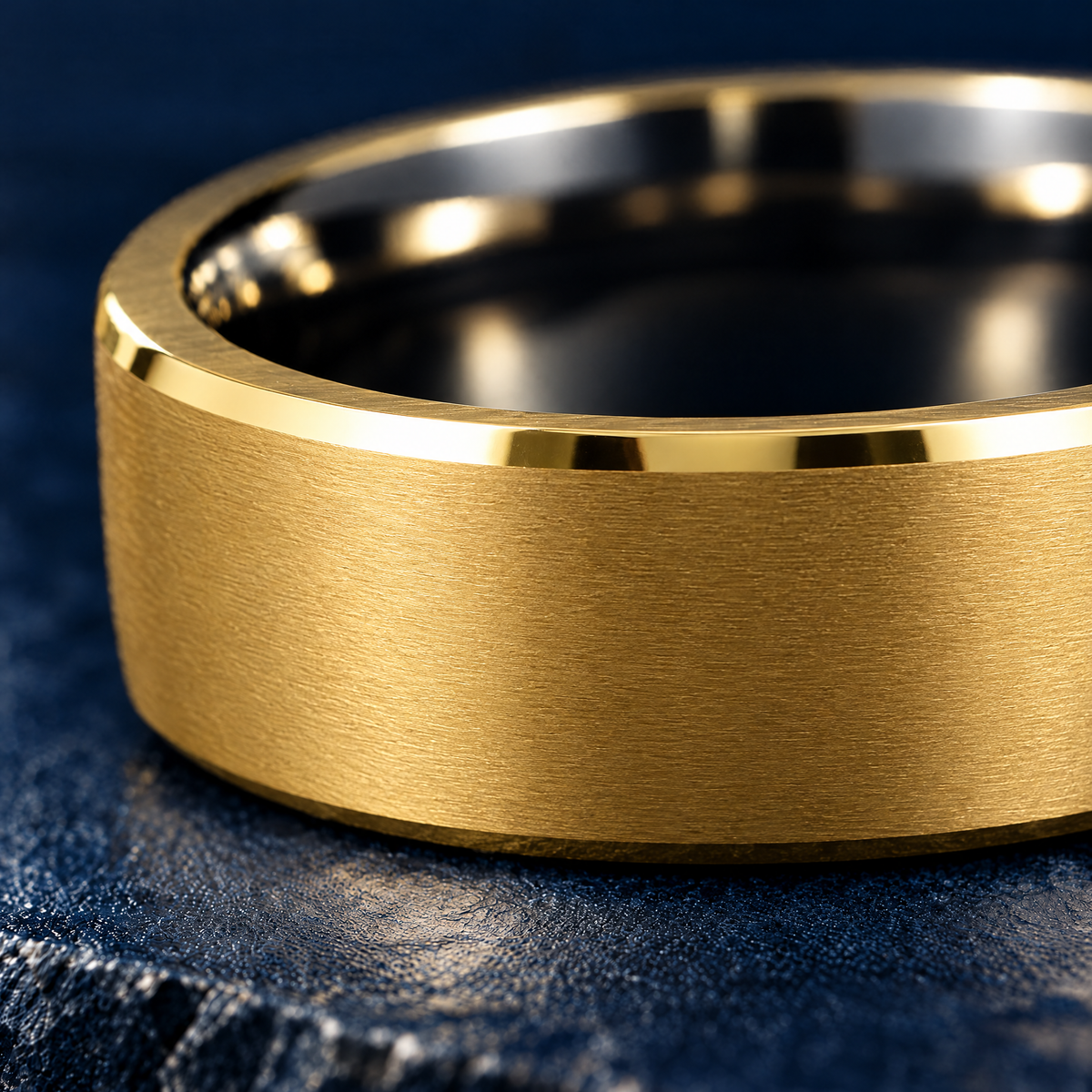 The Keystone gold and black tungsten ring, close-up of the brushed finish and bevelled edge