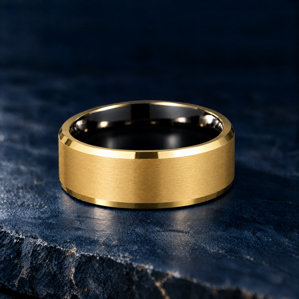 The Keystone gold and black tungsten ring, flat view, 8mm width