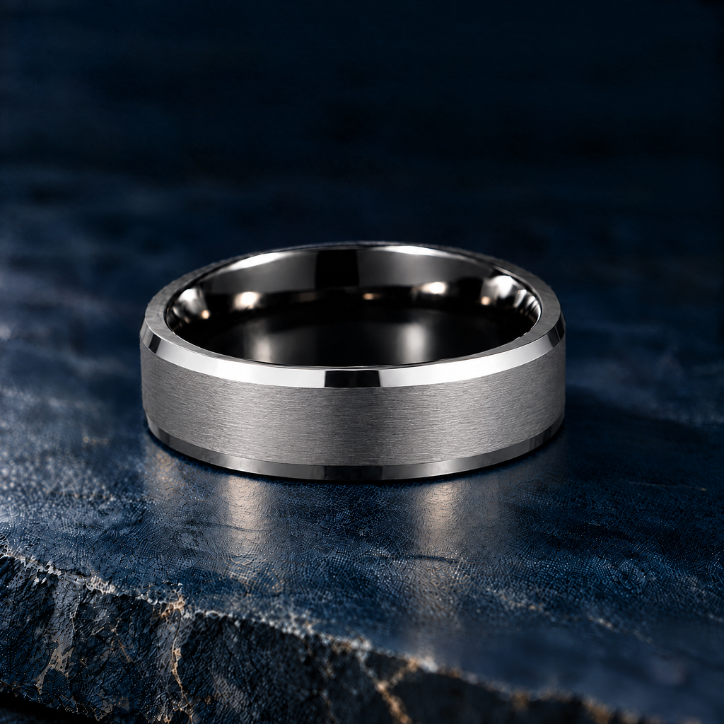 The Keystone silver and black tungsten ring, flat view, 6mm width