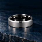 The Keystone silver and black tungsten ring, flat view, 6mm width