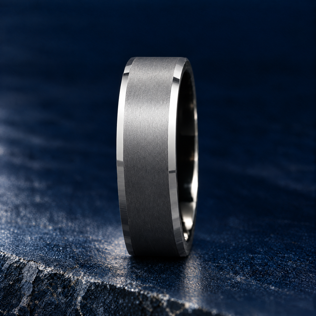 The Keystone silver and black tungsten ring, upright side view