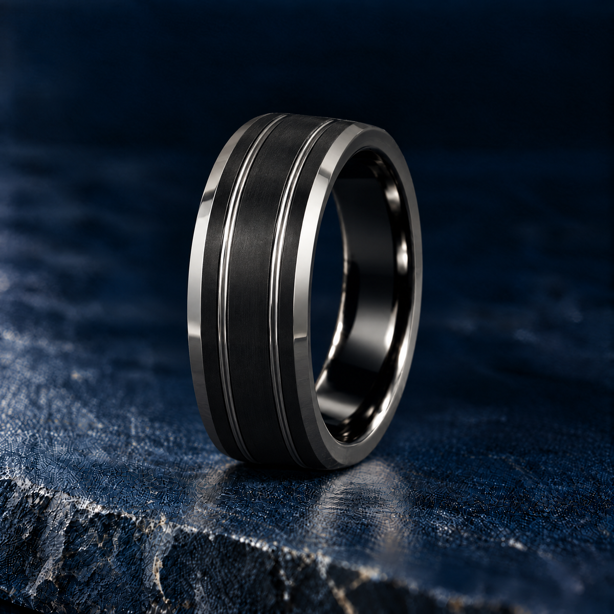 The Twinline black tungsten ring, standing view
