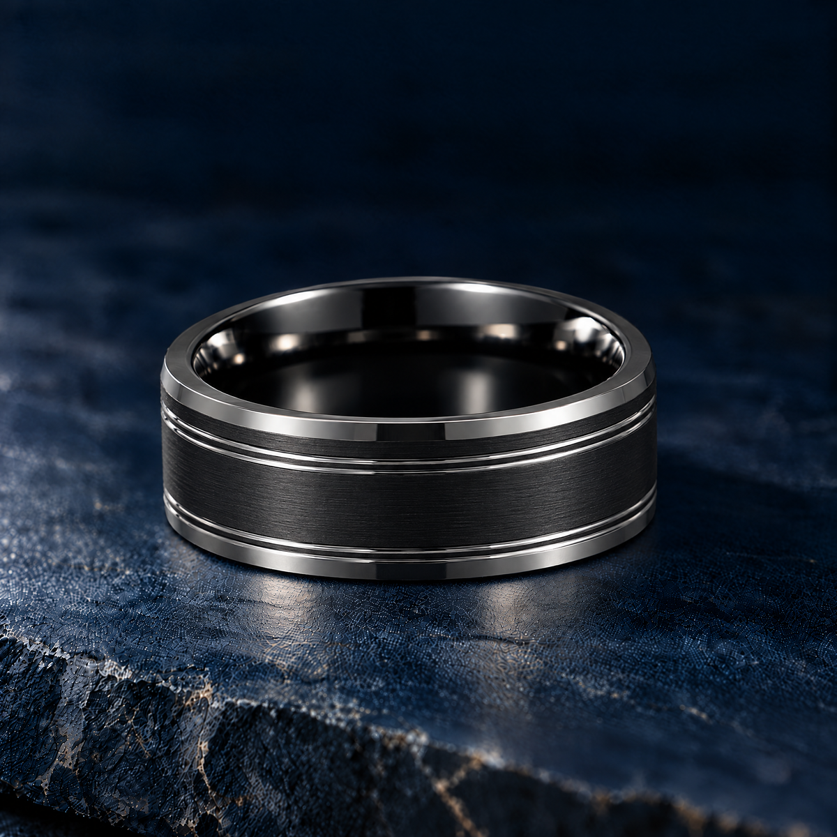 The Twinline black tungsten ring, flat view, 8mm width