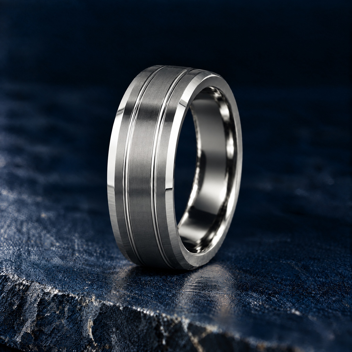 The Twinline silver tungsten ring, standing view
