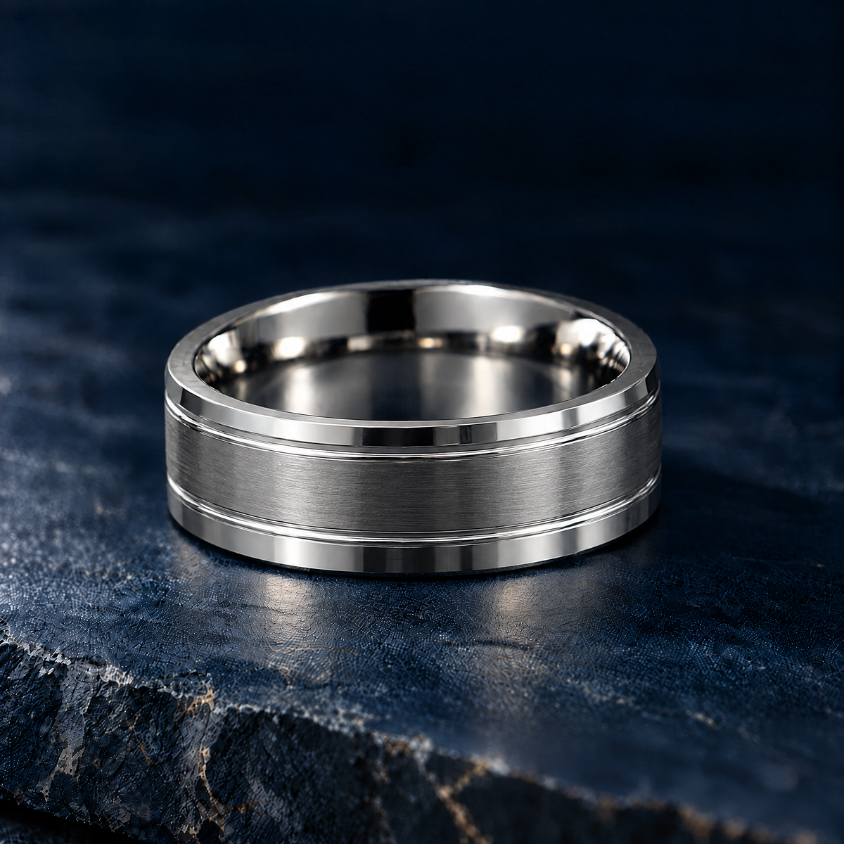 The Twinline silver tungsten ring, flat view, 8mm width