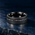 The Starfall black tungsten ring with meteorite inlay, flat view, 8mm width