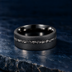 The Starfall black tungsten ring with meteorite inlay, flat view, 8mm width