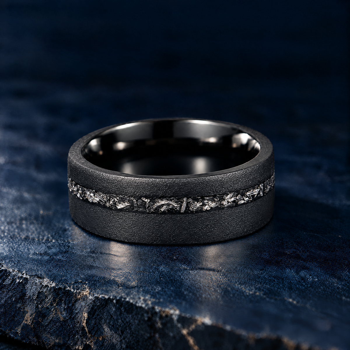 The Starfall black tungsten ring with meteorite inlay, flat view, 8mm width