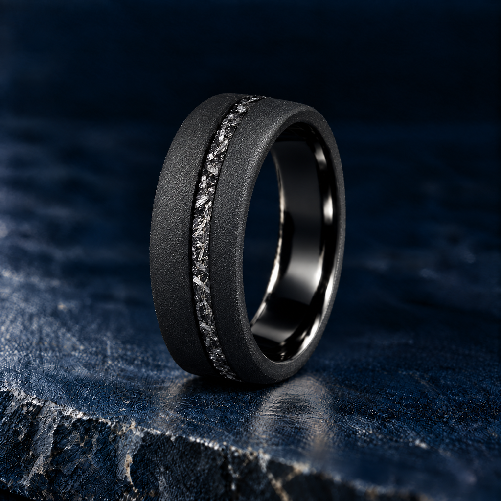 The Starfall black tungsten ring with meteorite inlay, standing view