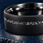 The Starfall black tungsten ring, close-up of the meteorite inlay