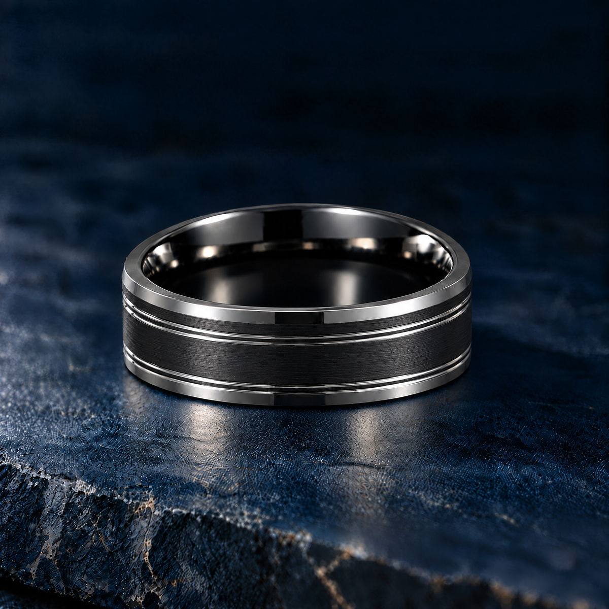 The Twinline black tungsten ring, flat view, 6mm width