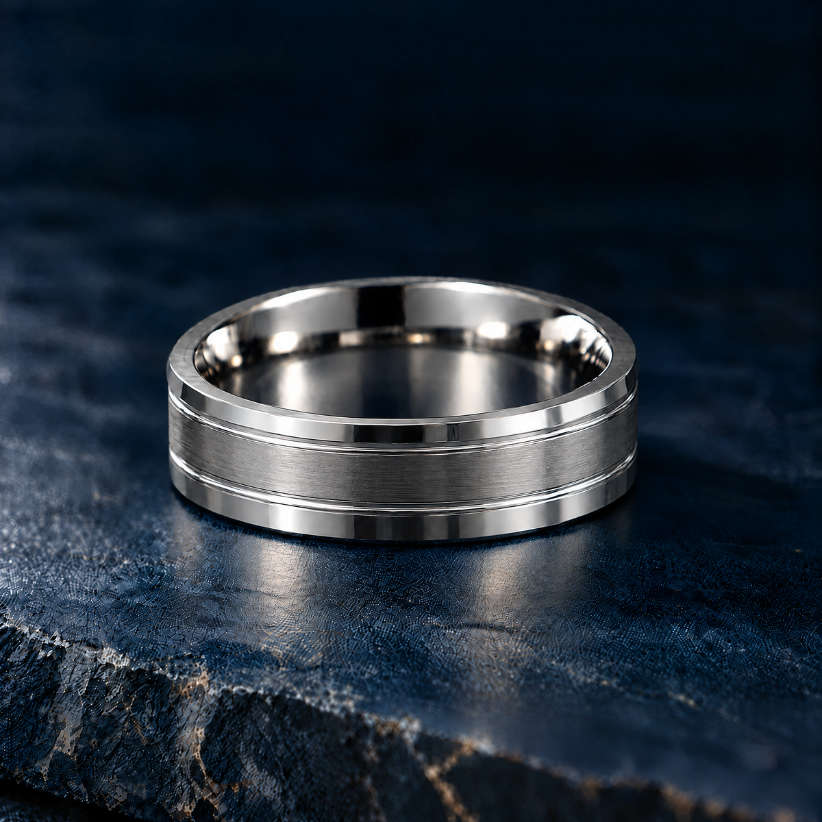The Twinline silver tungsten ring, flat view, 6mm width