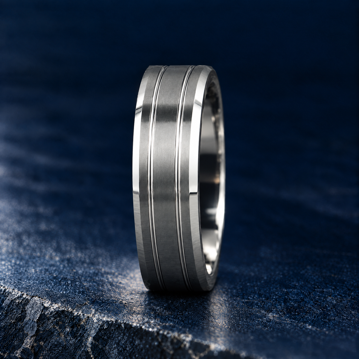 The Twinline silver tungsten ring, upright side view