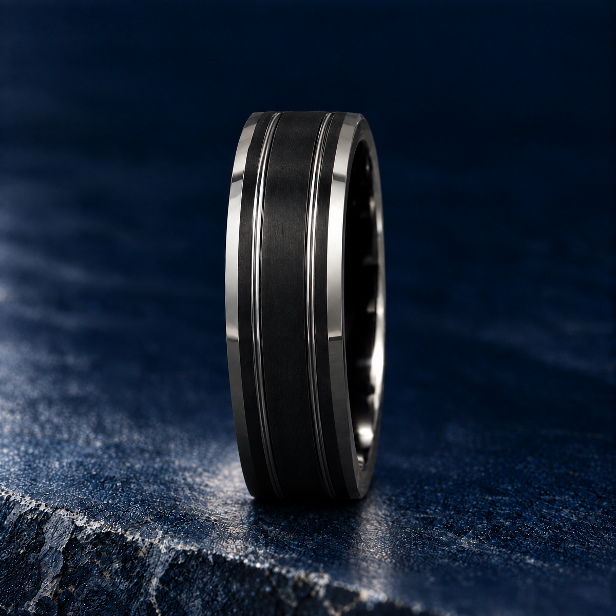 The Twinline black tungsten ring, upright side view