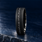 The Starfall black tungsten ring with meteorite inlay, upright side view