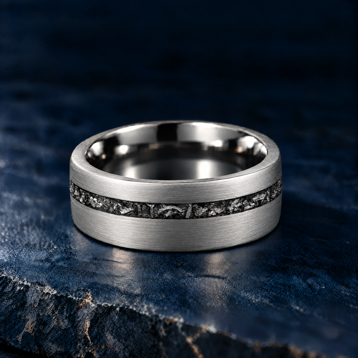 The Starfall silver tungsten ring with meteorite inlay, flat view, 8mm width
