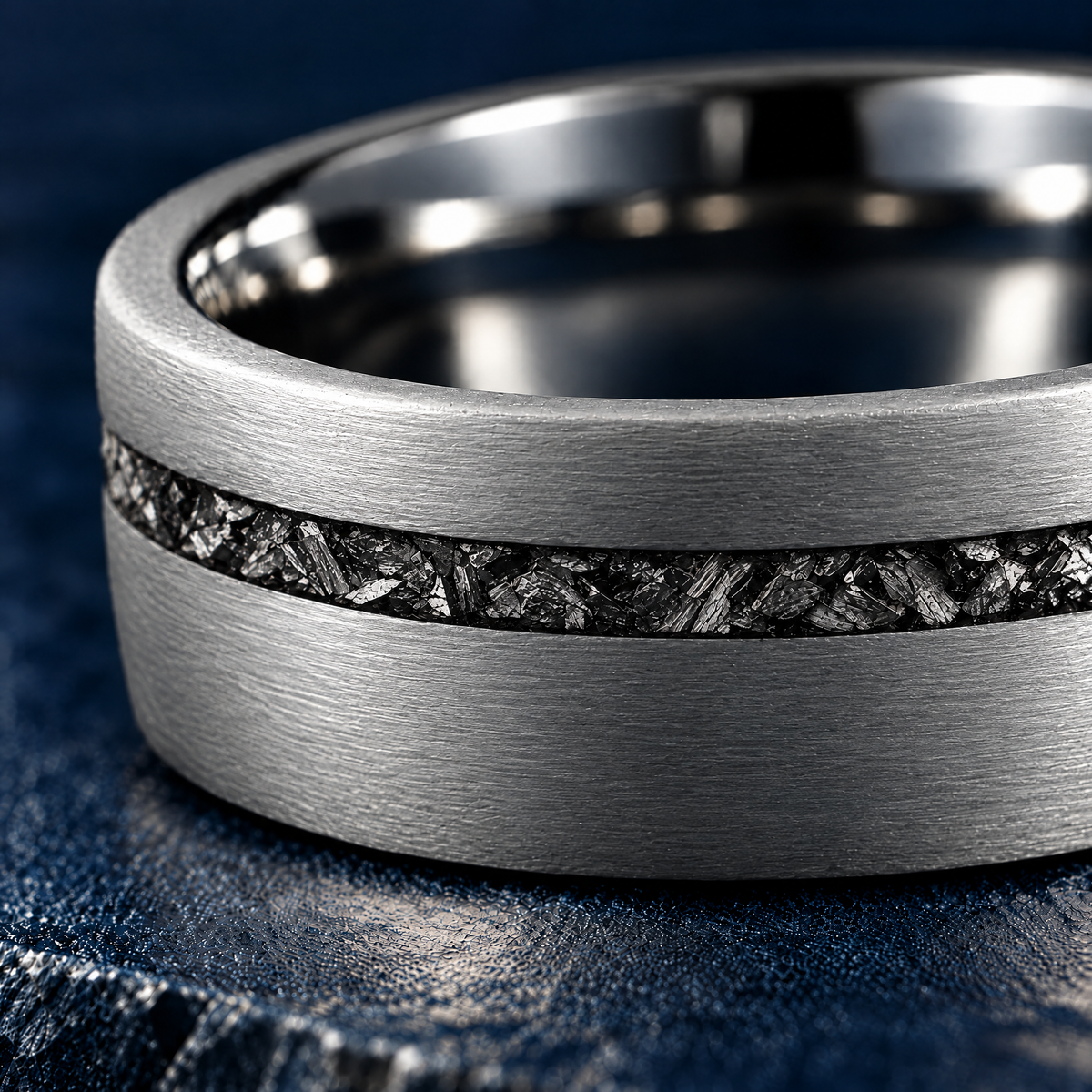 The Starfall silver tungsten ring, close-up of the meteorite inlay