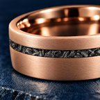 The Starfall rose gold tungsten ring, close-up of the meteorite inlay
