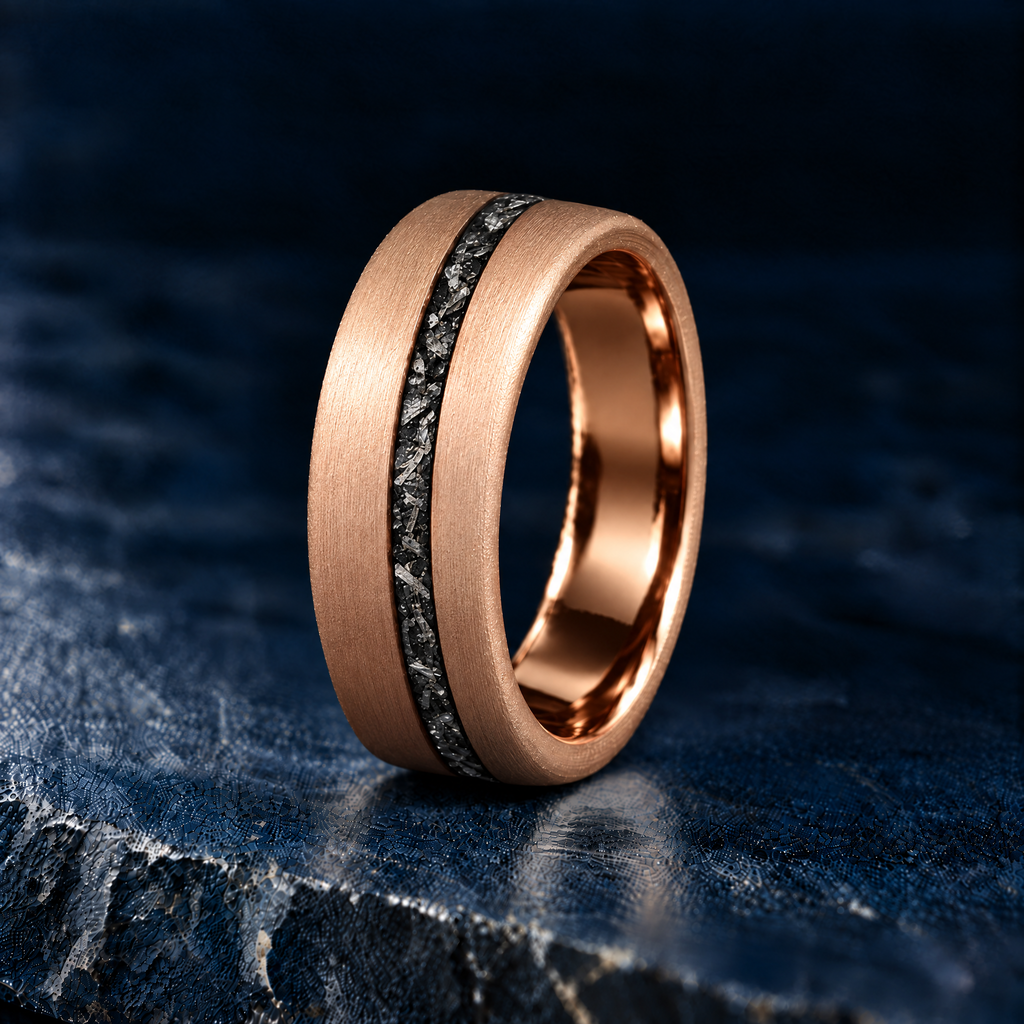 The Starfall rose gold tungsten ring with meteorite inlay, standing view