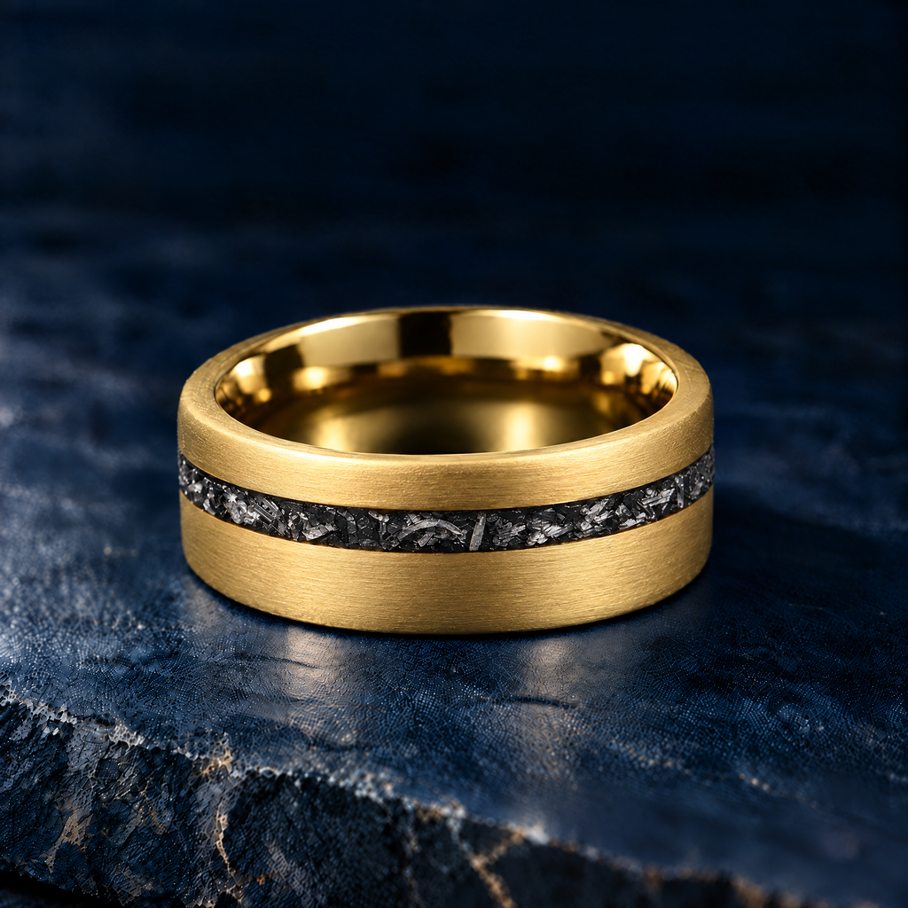 The Starfall yellow gold tungsten ring with meteorite inlay, flat view, 8mm width