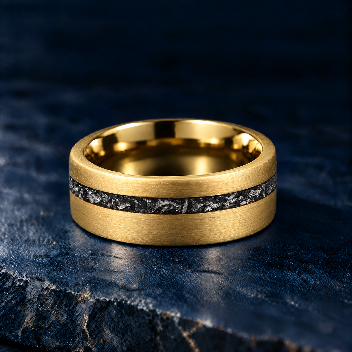 The Starfall yellow gold tungsten ring with meteorite inlay, flat view, 8mm width