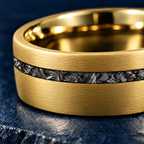 The Starfall yellow gold tungsten ring, close-up of the meteorite inlay