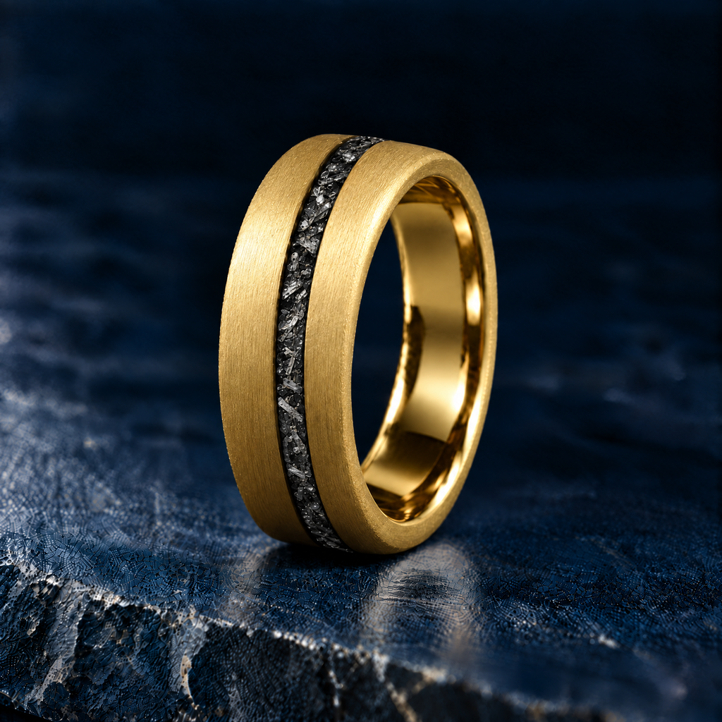 The Starfall yellow gold tungsten ring with meteorite inlay, standing view