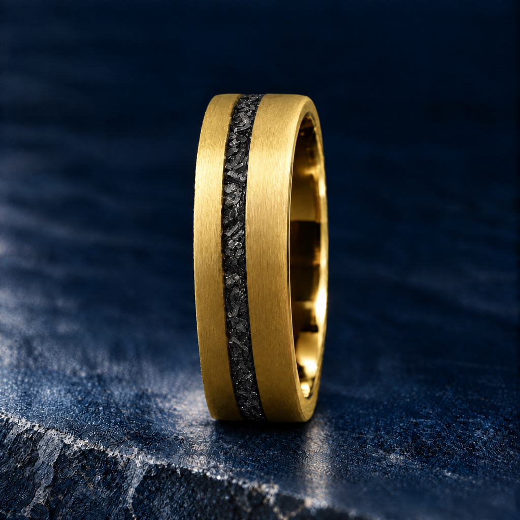 The Starfall yellow gold tungsten ring with meteorite inlay, upright side view