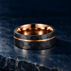 The Cinder black tungsten ring with rose gold accent, flat view, 8mm width