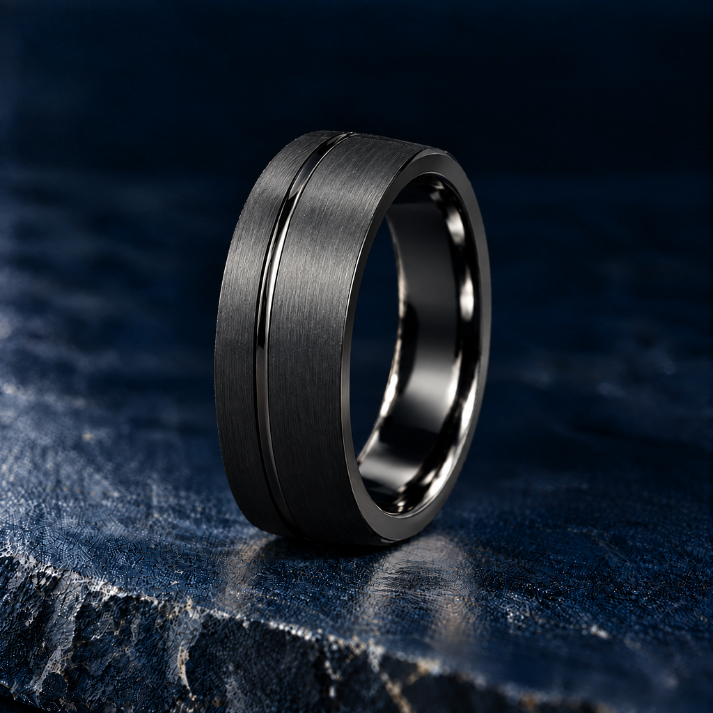 The Furrow black tungsten ring, brushed finish with offset polished groove, angled view