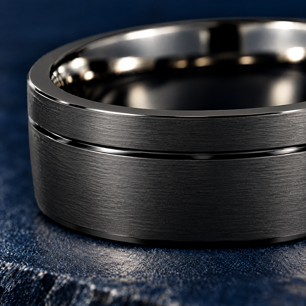 The Furrow black tungsten ring, close-up of the brushed finish and polished groove
