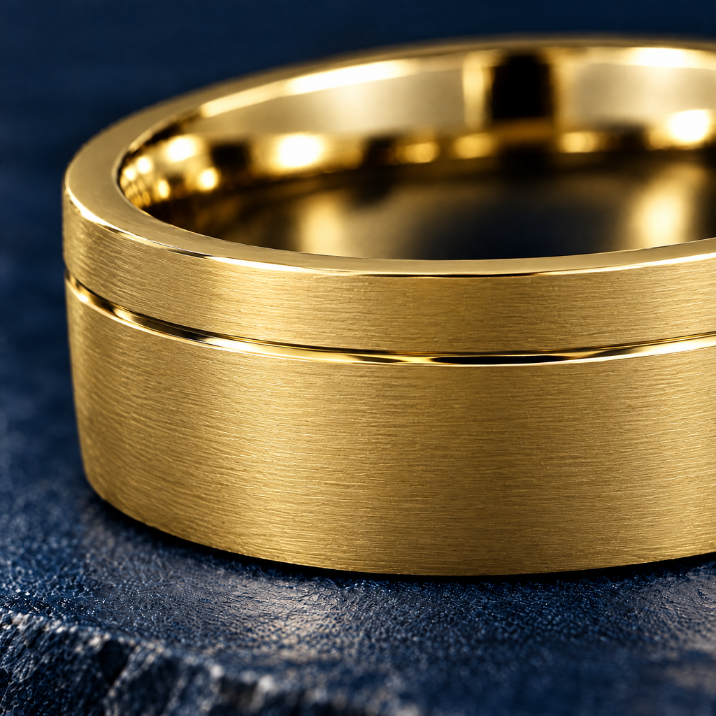 The Furrow gold tungsten ring, close-up of the brushed finish and polished groove