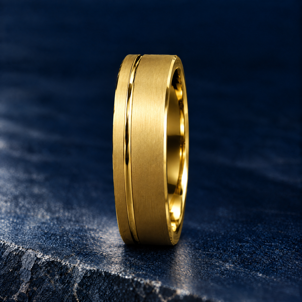 The Furrow gold tungsten ring, side view