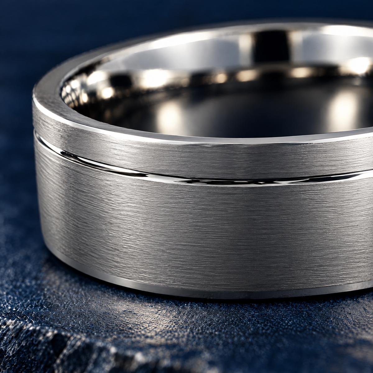 The Furrow silver tungsten ring, close-up of the brushed finish and polished groove