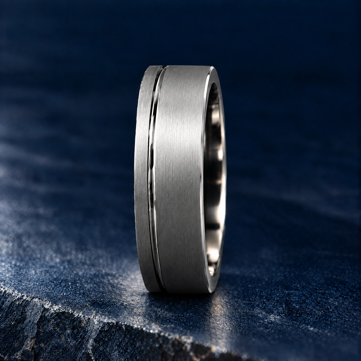 The Furrow silver tungsten ring, side view