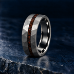 The Lyme silver tungsten ring, hammered finish with red bone-effect inlay, angled view